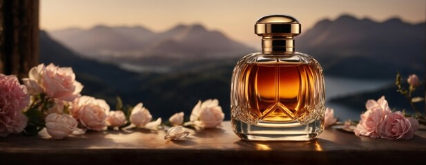 Beautiful, elegant product shot of perfume bottle surrounded by flowers in front of a mountain background. Generative AI.