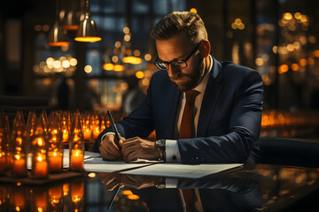Businessman Calculating Investment Income, Analyzing Investment Risks, Conducting Company Research, Seeking Expert Consultation, and Crafting a Wise Path to Achieve Finance Goals - obrazy, fototapety, plakaty