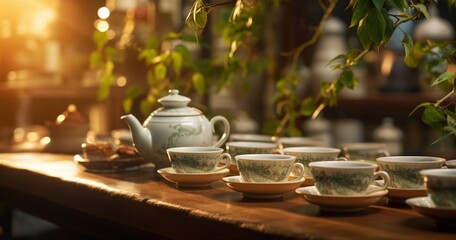 Inside a cozy tea house, where tea is being poured into delicate porcelain cups - obrazy, fototapety, plakaty