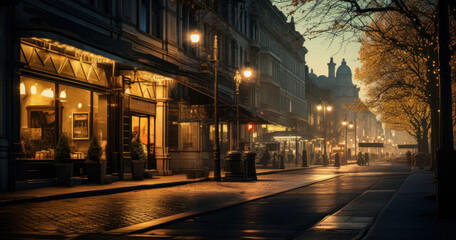 Evening city streets bathed in the ambient light from shop windows and street lamps
