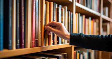 Hand selecting a book from a library shelf