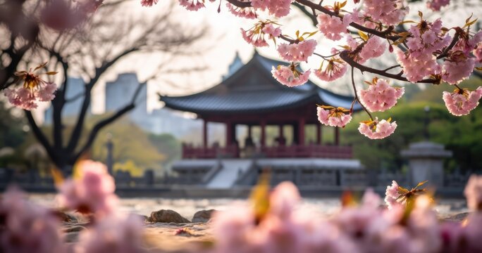 Cherry blossoms in full bloom, with a traditional Japanese temple in the background