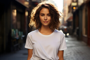 Urban Style Female Model Rocking a Classic White Cotton T-Shirt on the City Streets
