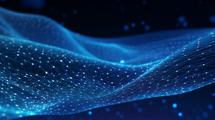 Smooth mesh and waves - abstract blue geometric digital technology background.  Concept for neural network, big data, communication, data stream, cyber data flow,  AI, cloud computing. Generative AI