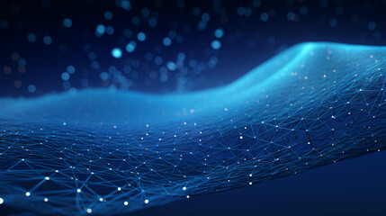 Smooth mesh and waves - abstract blue geometric digital technology background.  Concept for neural network, big data, communication, data stream, cyber data flow,  AI, cloud computing. Generative AI