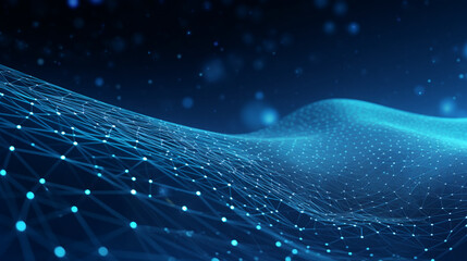Smooth mesh and waves - abstract blue geometric digital technology background.  Concept for neural network, big data, communication, data stream, cyber data flow,  AI, cloud computing. Generative AI