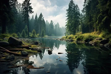 Afwasbaar Fotobehang Canada Tranquil forest lake, Mirror-like Waters, Reflections in Nature, Pristine Wilderness, Tranquil Oases, Landscape Photography, Serene Escapes