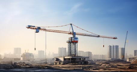 Fototapeta na wymiar Towering crane against the backdrop of a large construction site