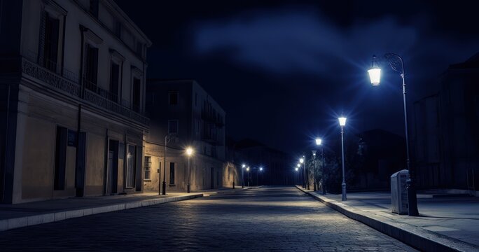 Fototapeta Desolate street at night illuminated only by a lone streetlamp