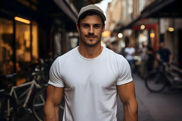 Fototapeta premium City Street Vibes Stylish Latin Male Model Wearing a Classic White Cotton T-Shirt