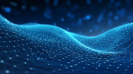 Smooth mesh and waves - abstract blue geometric digital technology background.  Concept for neural network, big data, communication, data stream, cyber data flow,  AI, cloud computing. Generative AI