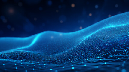 Smooth mesh and waves - abstract blue geometric digital technology background.  Concept for neural network, big data, communication, data stream, cyber data flow,  AI, cloud computing. Generative AI