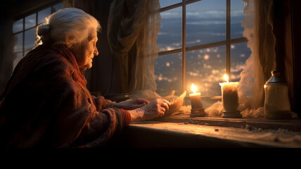 Obraz na płótnie Canvas an old woman at the window on the table a candle burns through the window.