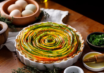 Spiral colorful vegetable tart in a casserole dish on a table, focus on  inside