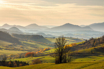 Autumn sunny rural landscape with mountains at background. The Orava region of Slovakia, Europe.