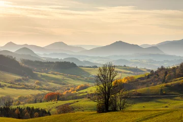 Foto auf Acrylglas Antireflex Autumn sunny rural landscape with mountains at background. The Orava region of Slovakia, Europe. © Viliam