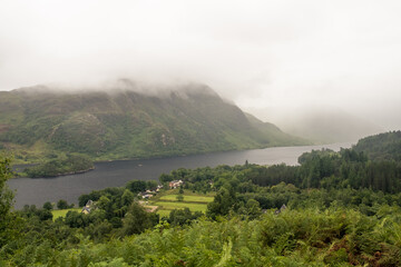 Scenery with misty clouds above Loch Shiel and the hills, Glenfinnan, Scotland