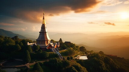 landmark pagoda in doi inthanon national park at chiang mai, thailand. - obrazy, fototapety, plakaty