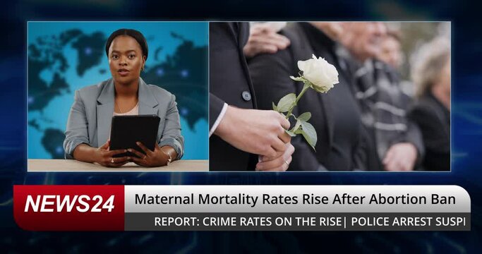 Breaking news, reporter and black woman broadcast on tv show for death. Journalist on television for announcement of information on tablet for funeral, grief and mourning mothers after abortion ban