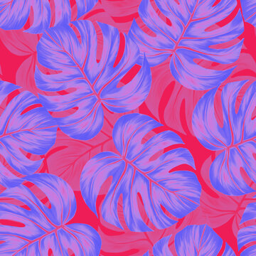 Monstera leaf seamless pattern. Colorful vivid print with beautiful palm jungle leaves. Repeated luxury design for packaging, cosmetic, fashion, textile, wallpaper. Realistic high quality illustration