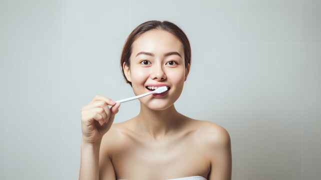 Asian beauty brushing her teeth, white background.generative ai