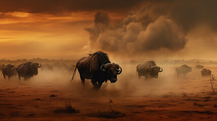 A herd of bulls runs through the desert - obrazy, fototapety, plakaty