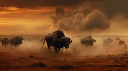 Fotobehang A herd of bulls runs through the desert © Daniel
