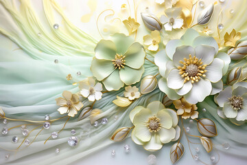Decorative floral backdrop in green tones, flowers background for wedding photo album, beautiful mural. Generative AI