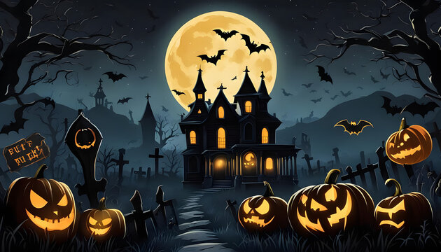 Spooky castle halloween with graves and pumpkings and the moon in background Halloween background with pumpkins and haunted house Halloween background with Evil Pumpkin. Spooky scary dark
