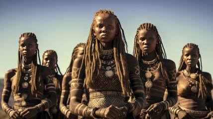 natural beautiful group of himba woman, himba girl.generative ai