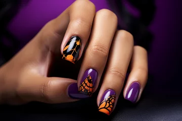 Fototapeten perfect manicure nails with Halloween themed purple and orange nail polish, nail salon advertisement, © World of AI