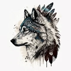 Poster Monochrome wolf Indian warrior totem symbol © Siberian Art