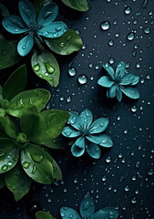 water drops wallpaper, green leaves & flowers, AI Generated