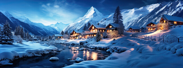 Alpine village at winter night with stream running through. Snowy landscape at night with some buildings lit up, in the Swiss style. - obrazy, fototapety, plakaty