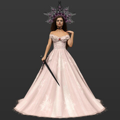 3D Rendering Illustration of Beautiful and Sexy Royal Fantasy Woman in Large Pink Gown and Silver Roses Crown Holding a Fantasy Sword Isolated on Dark Background