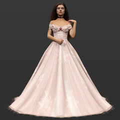 Fototapeta na wymiar 3D Rendering Illustration of Beautiful and Sexy Royal Fantasy Woman in Large Pink Gown and Isolated on Dark Background