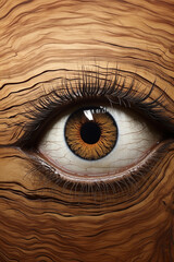 eye of a woman made of wood, brown eye, on wooden background, surreal concept, closeup, photorealistic, portrait format // ai-generated