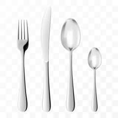 Stainless steel glossy metal cutlery isolated on transparent background. Spoon, teaspoon, forks, knife, realistic 3d vector illustration. Kitchen utensils for eating, tableware for restaurant serving. - obrazy, fototapety, plakaty