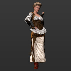 3D Rendering Illustration of Beautiful Sexy Steampunk Woman in Retro Western Clothing and Edwardian Hair Isolated on Dark Background