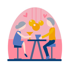 Simple illustration of senior couple on a date, in blue and pink tones.
