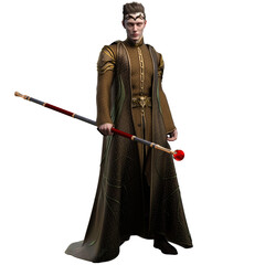 3D Rendering Illustration of Fantasy Wizard Mage in Beautiful Gold Robes and Elven Circlet Holding Red and Gold Magic Staff