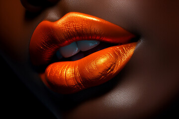 close up detail of black woman's lips with bright orange lipstick, Halloween inspired