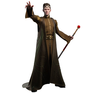 3D Rendering Illustration of Fantasy Wizard Mage in Beautiful Gold Robes and Elven Circlet Holding Red and Gold Magic Staff