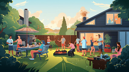 family cooking in the evening at the backyard.