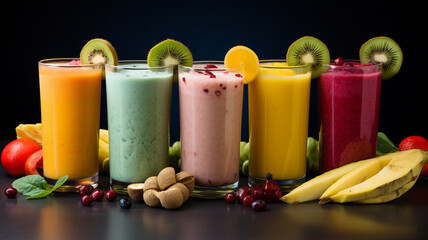 smoothie set with various tropical fruits on wooden background