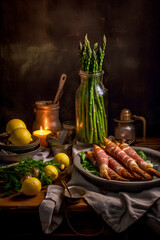 Prosciutto wrapped asparagus in warm rustic country kitchen. AI generative