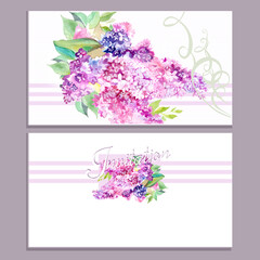 invitation cards with a watercolor bouquet bloom of purple lilac flowers in pastel colors
