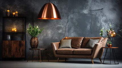 Home design with a copper floor lamp, a granite coffee table and an armchair in a modern living room with an empty wall