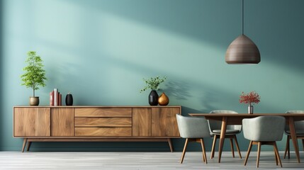 Home interior with a marble table and chairs in a modern dining room or living room, featuring a wooden sideboard over a blue wall