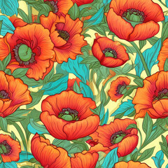 Vibrant poppy flowers in a repeating  seamless pattern, AI Generated